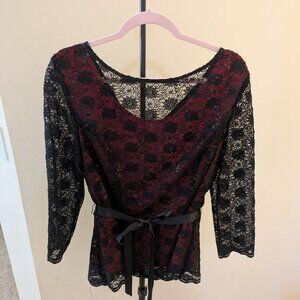 Btu Sage Black Lace & Red Sequin Top - XL - Sheer Lace Holiday Party Blouse